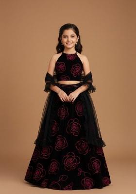 Girls Black Embroidered Organza Lehenga Set