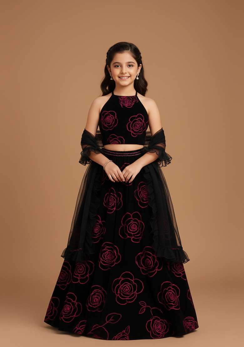 Girls Black Embroidered Organza Lehenga Set - Indya