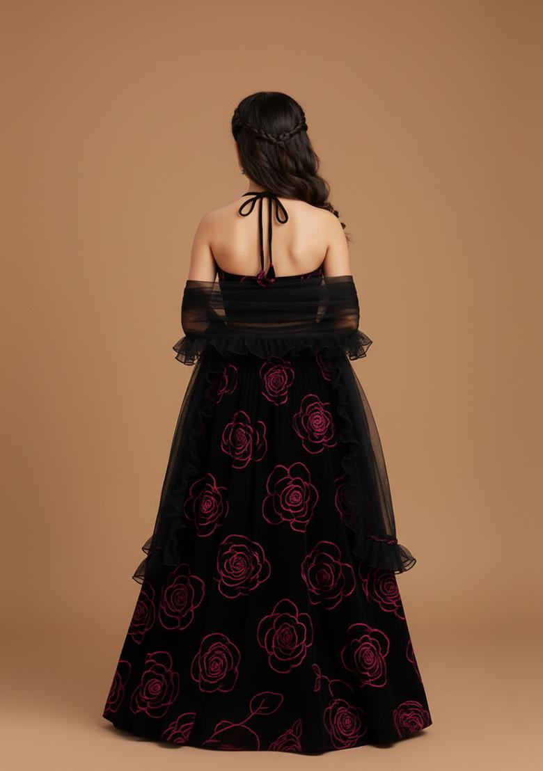 Girls Black Embroidered Organza Lehenga Set - Indya