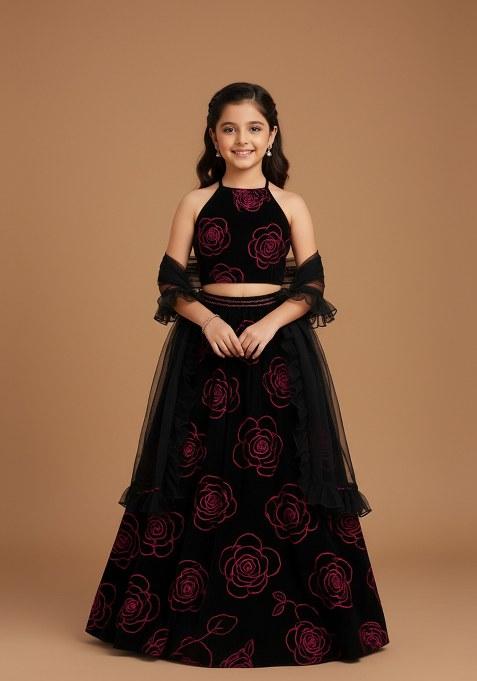Girls Black Embroidered Organza Lehenga Set