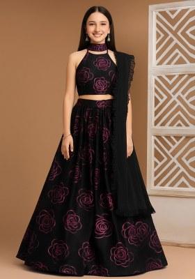 Girls Black Embroidered Organza Lehenga Set