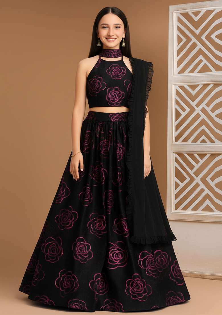 Girls Black Embroidered Organza Lehenga Set - Indya