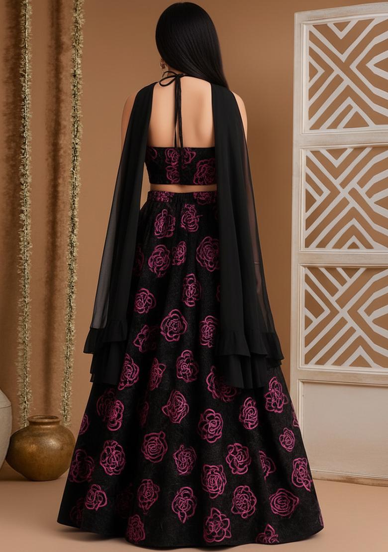 Girls Black Embroidered Organza Lehenga Set - Indya
