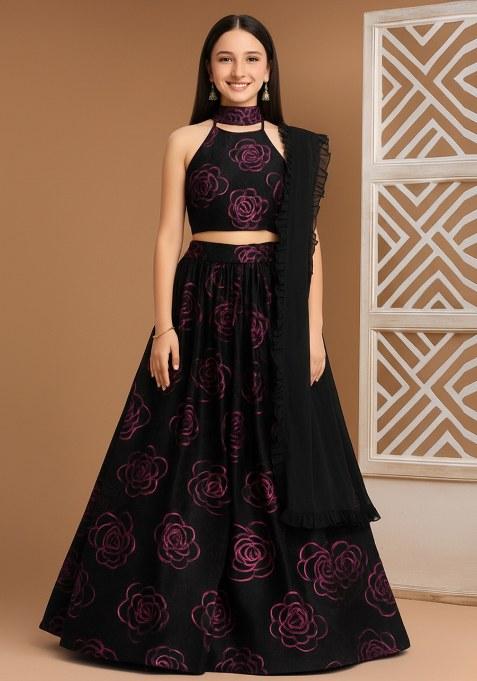 Girls Black Embroidered Organza Lehenga Set