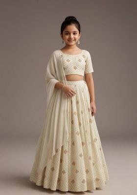 Girls Off White Embroidered Raw Silk Lehenga Set