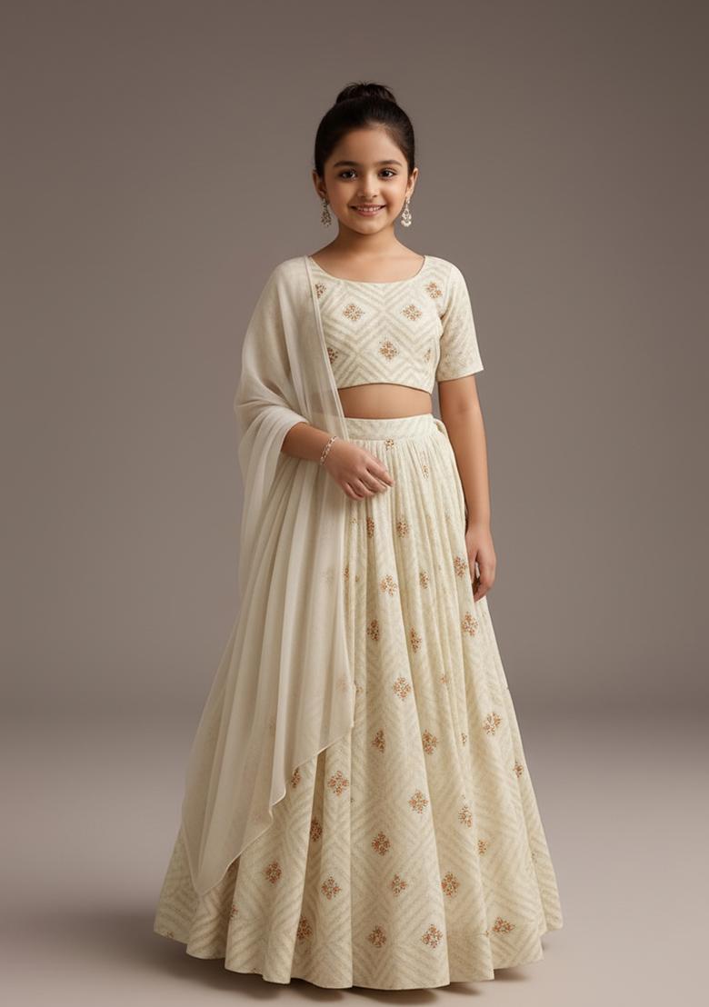 Girls Off White Embroidered Raw Silk Lehenga Set