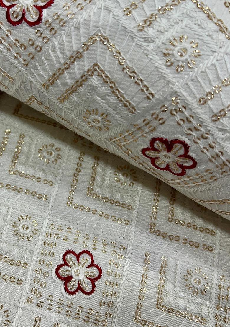 Girls Off White Embroidered Raw Silk Lehenga Set