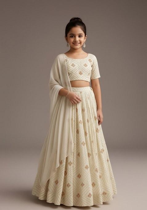 Girls Off White Embroidered Raw Silk Lehenga Set