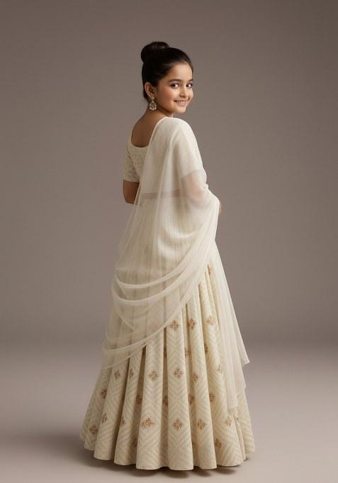 Girls Off White Embroidered Raw Silk Lehenga Set