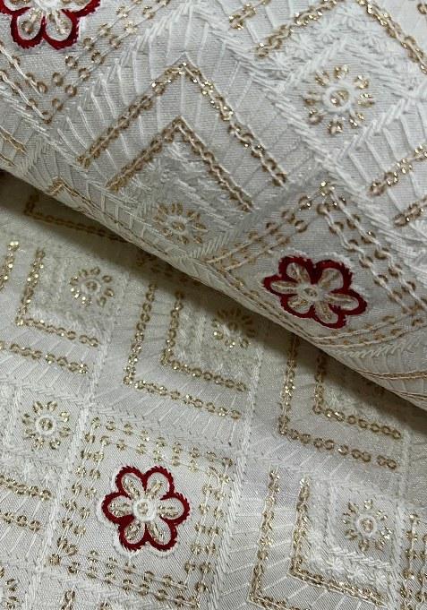 Girls Off White Embroidered Raw Silk Lehenga Set