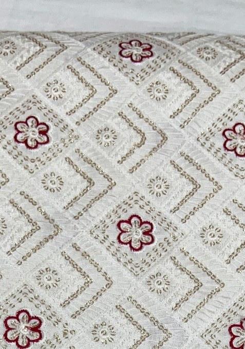 Girls Off White Embroidered Raw Silk Lehenga Set