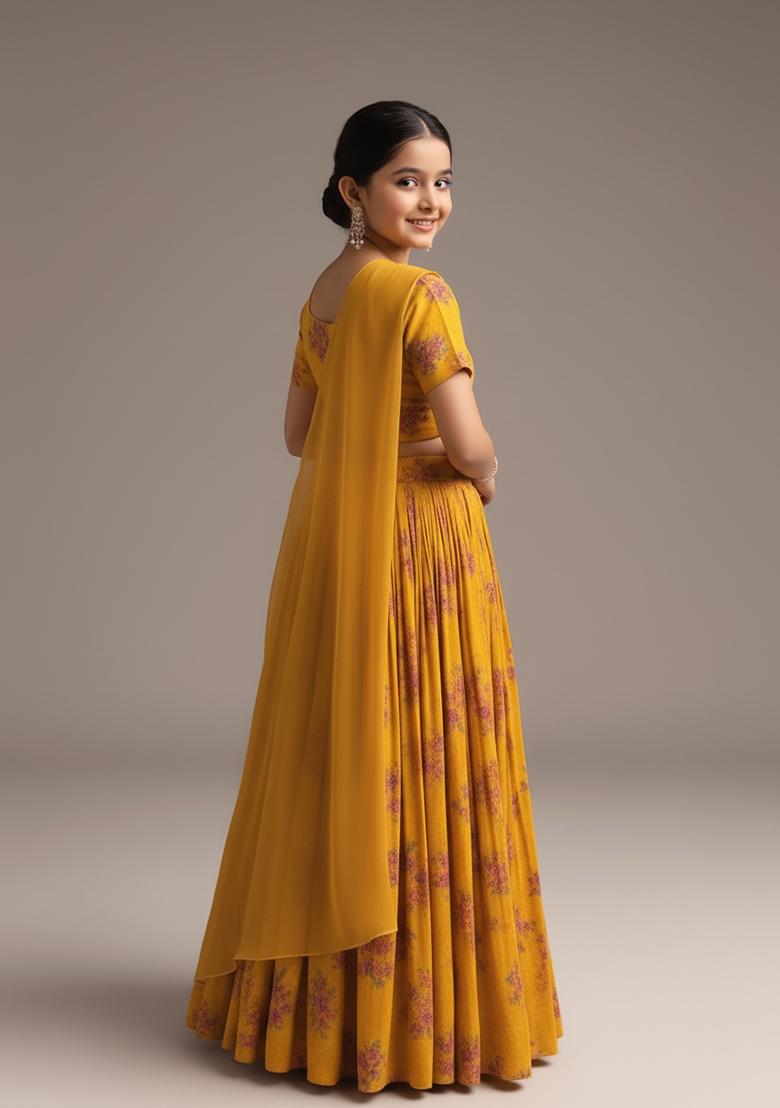 Girls Yellow Floral Print Georgette Lehenga Set - Indya