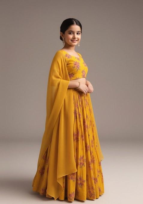 Girls Yellow Floral Print Georgette Lehenga Set