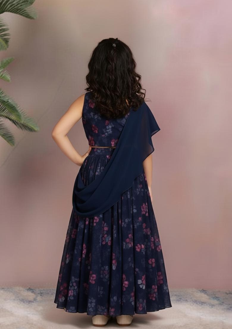 Girls Blue Floral Print Chiffon Lehenga Set - Indya