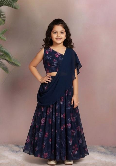 Girls Blue Floral Print Chiffon Lehenga Set
