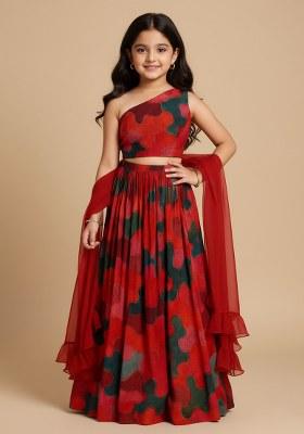 Girls Red Abstract Print Lehenga Set