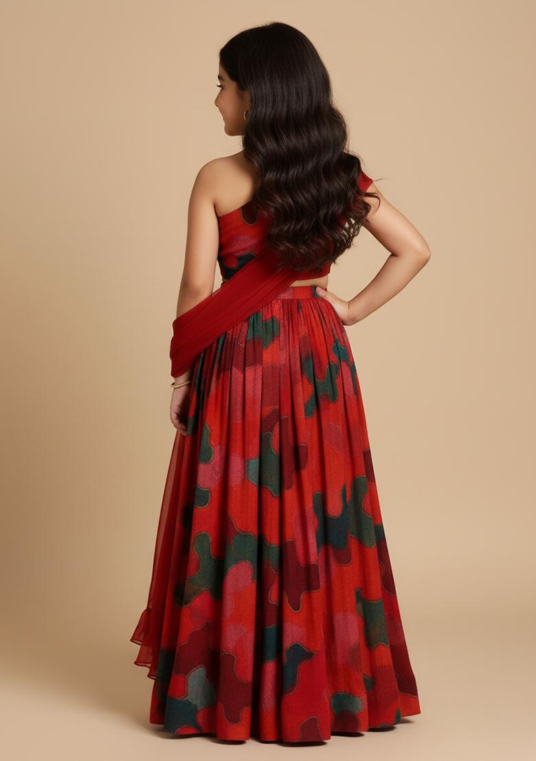 Girls Red Abstract Print Lehenga Set