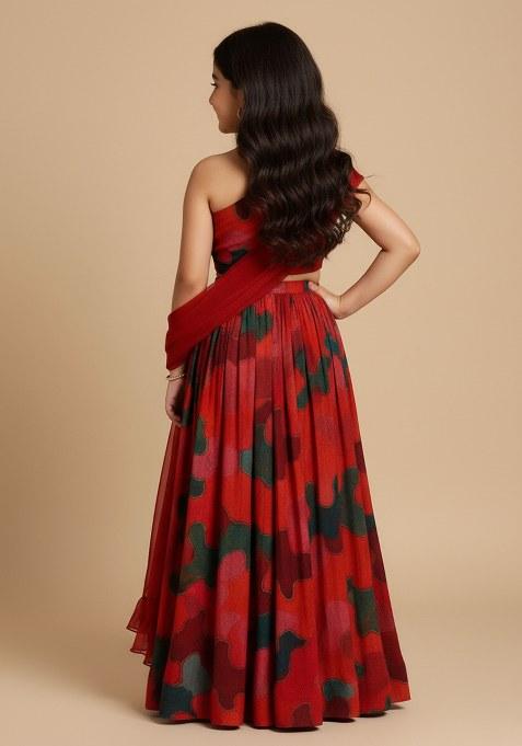 Girls Red Abstract Print Lehenga Set