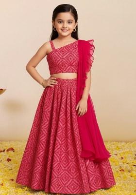 Girls Pink Abstract Print Georgette Lehenga Set