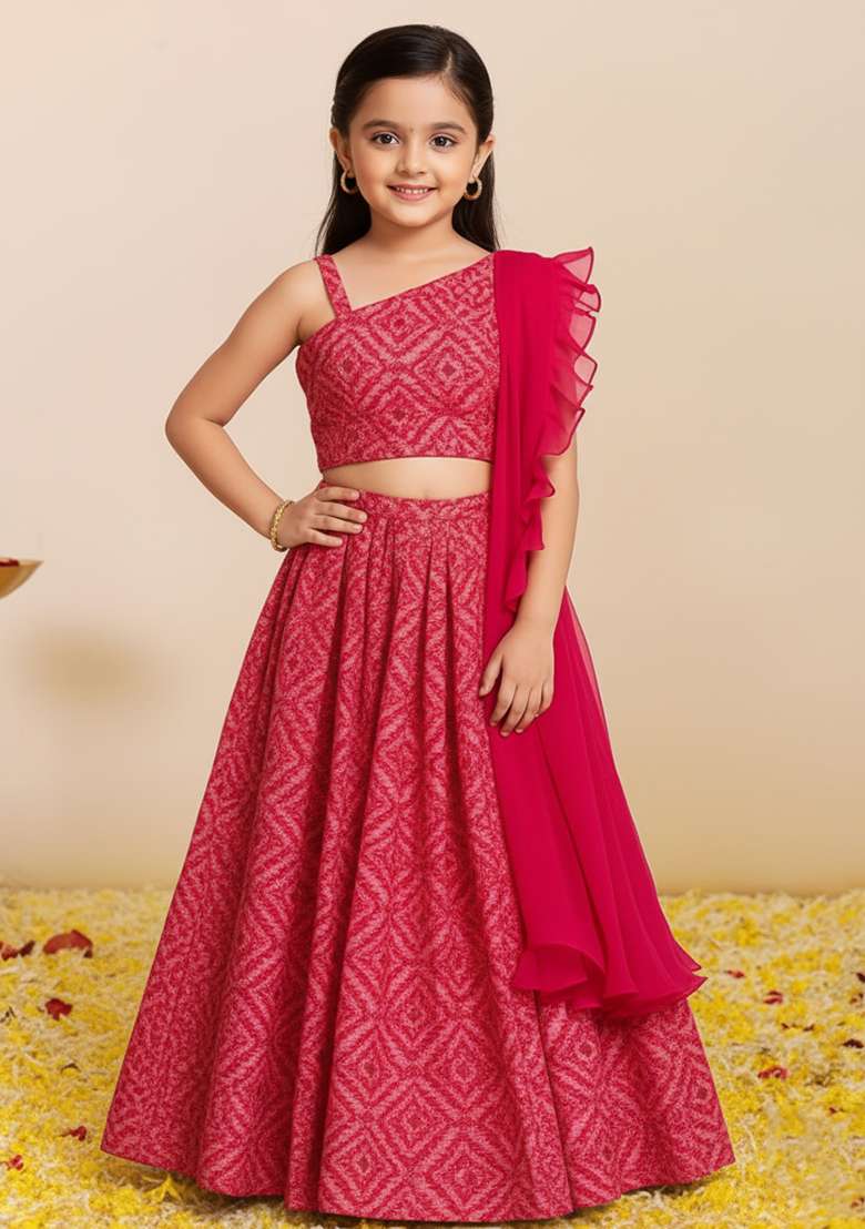 Girls Pink Abstract Print Georgette Lehenga Set - Indya
