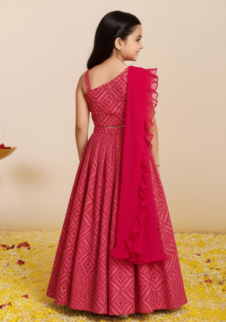 Girls Pink Abstract Print Georgette Lehenga Set - Indya
