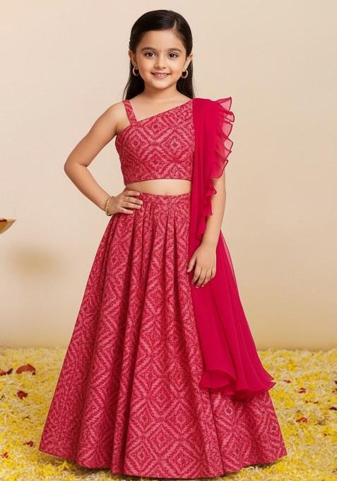 Girls Pink Abstract Print Georgette Lehenga Set