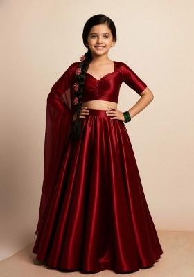Girls Maroon Solid Organza Lehenga Set