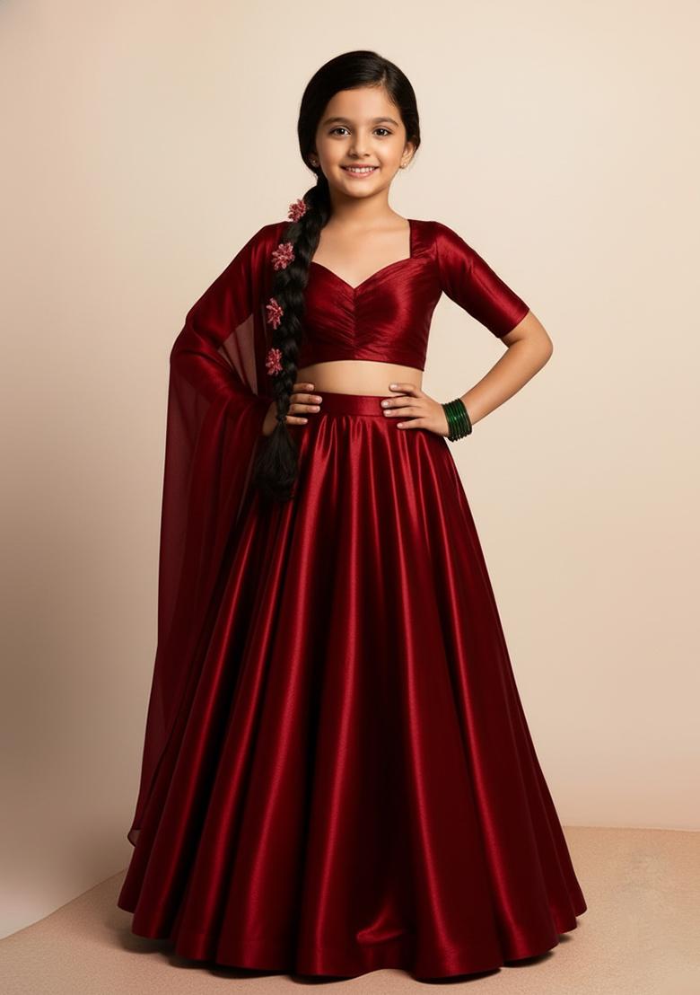 Girls Maroon Solid Organza Lehenga Set