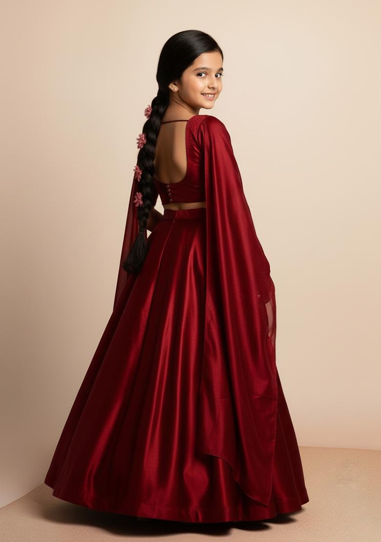 Girls Maroon Solid Organza Lehenga Set