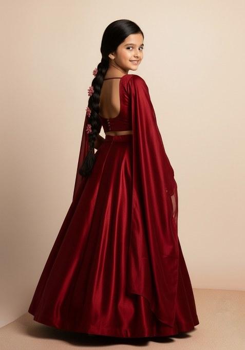 Girls Maroon Solid Organza Lehenga Set