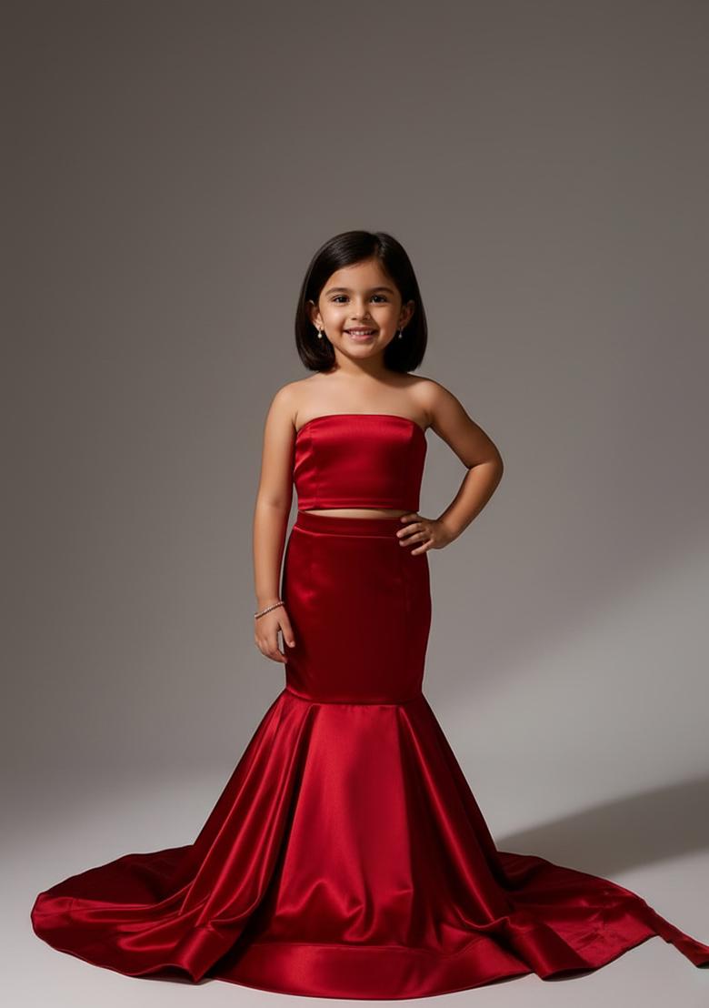 Girls Red Solid Satin Lehenga Set