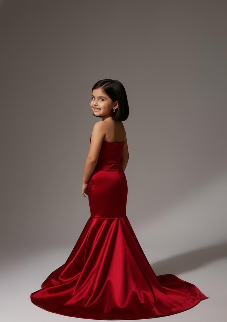 Girls Red Solid Satin Lehenga Set - Indya