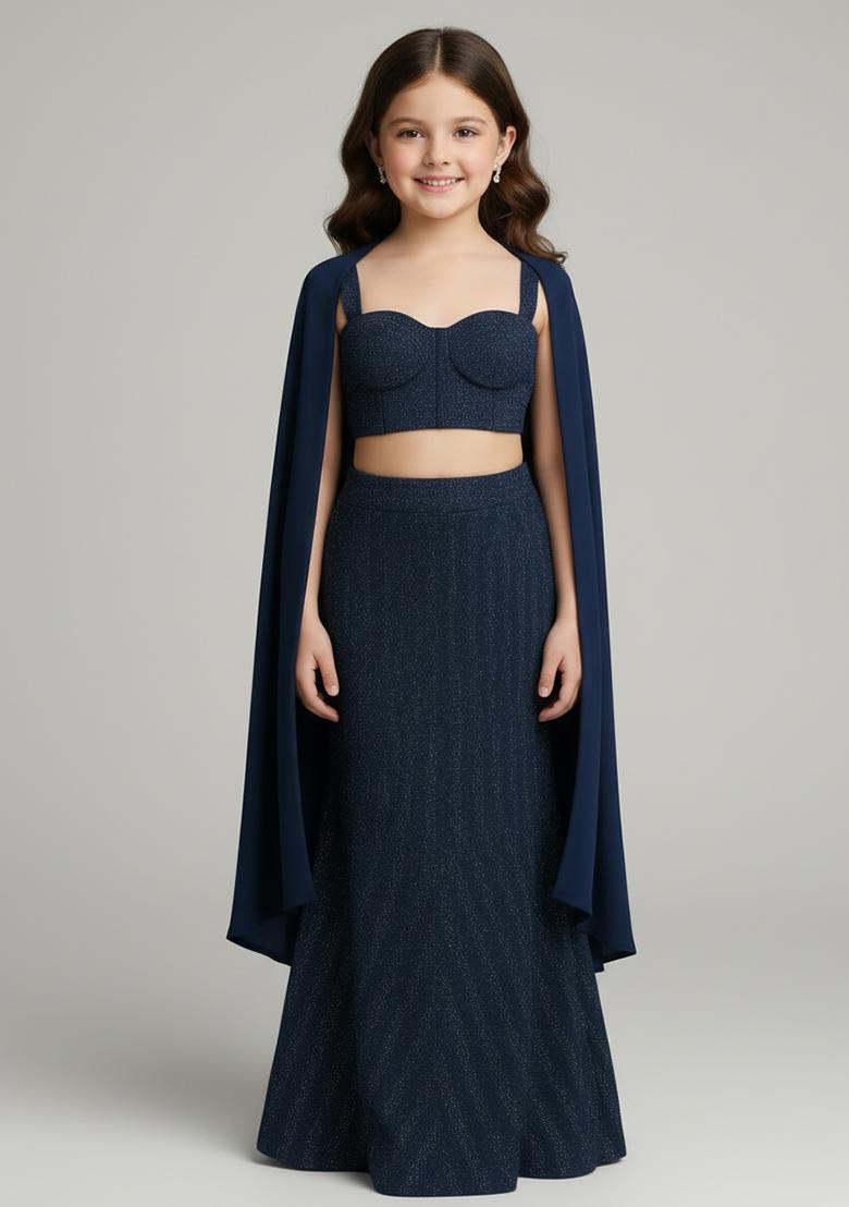 Girls Navy Weaving Knit Lehenga Set