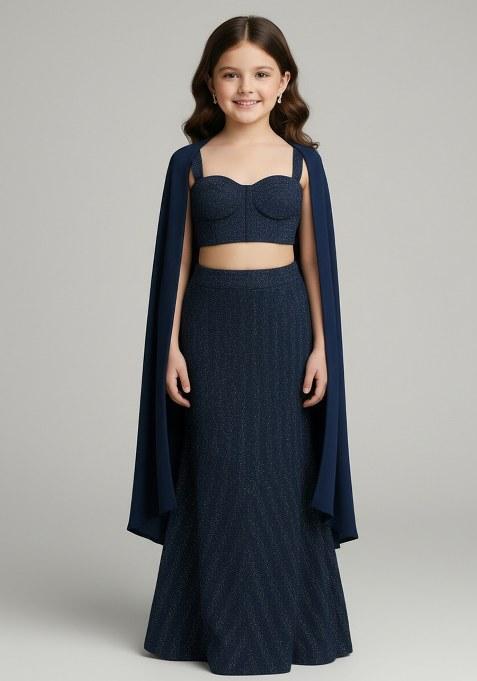 Girls Navy Weaving Knit Lehenga Set