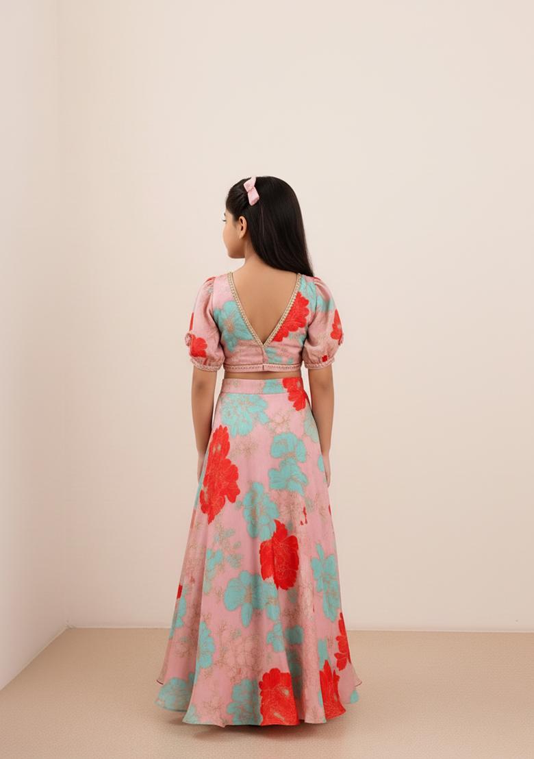 Girls Pink Floral Print Satin Lehenga Set - Indya