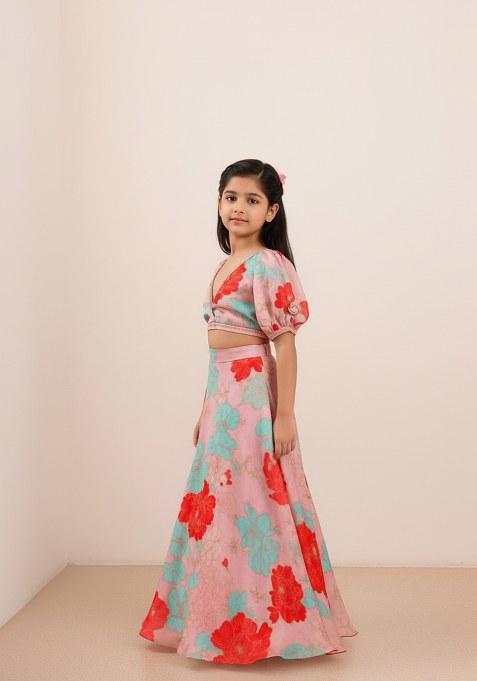 Girls Pink Floral Print Satin Lehenga Set