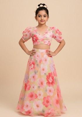 Girls Pink Floral Print Satin Lehenga Set