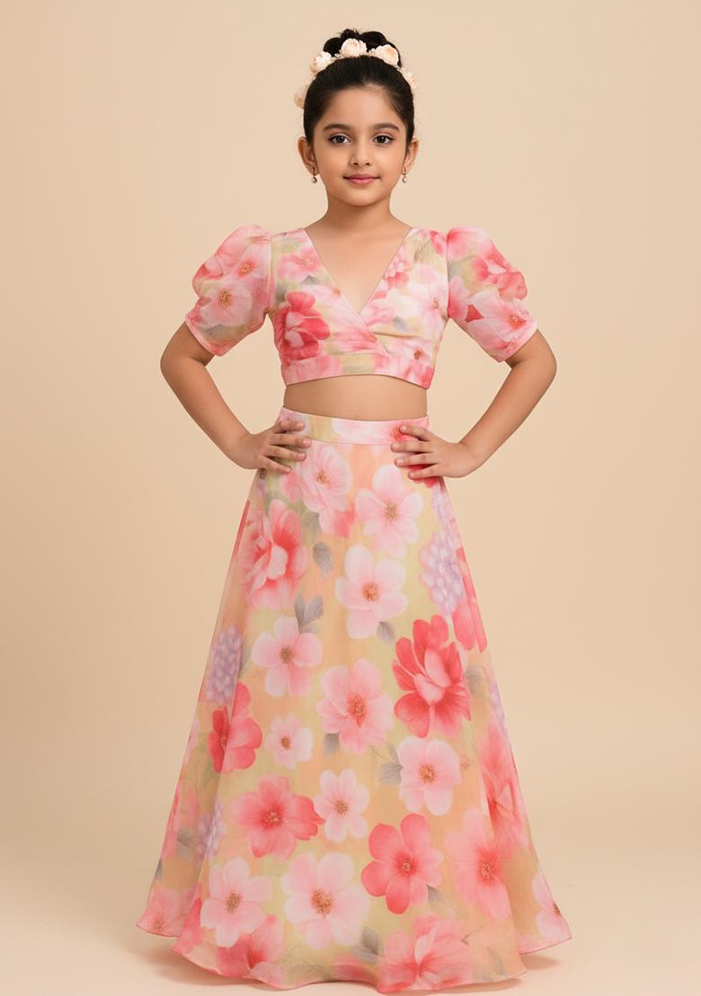 Girls Pink Floral Print Satin Lehenga Set