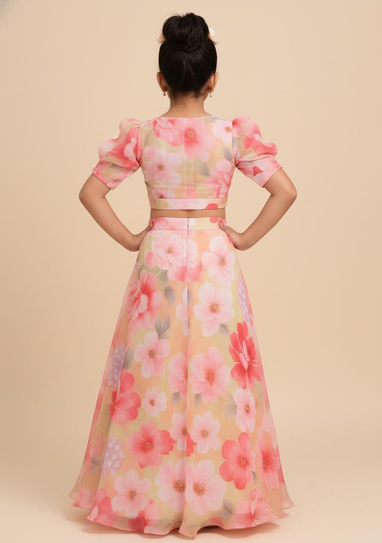 Girls Pink Floral Print Satin Lehenga Set - Indya