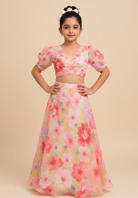 Girls Pink Floral Print Satin Lehenga Set