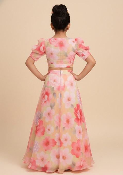 Girls Pink Floral Print Satin Lehenga Set