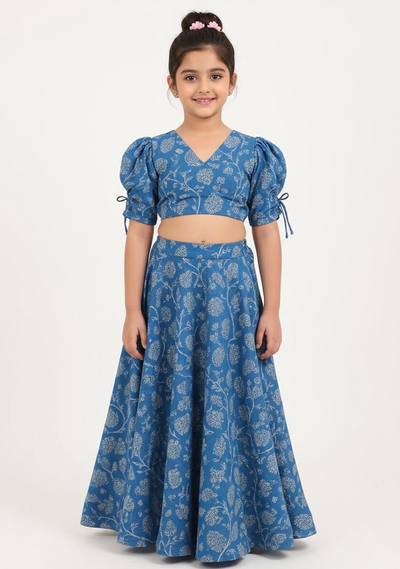 Girls Blue Floral Print Rayon Lehenga Set