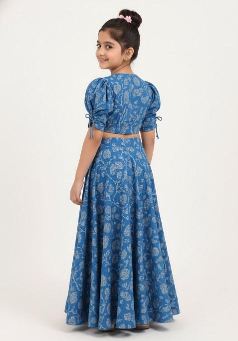Girls Blue Floral Print Rayon Lehenga Set