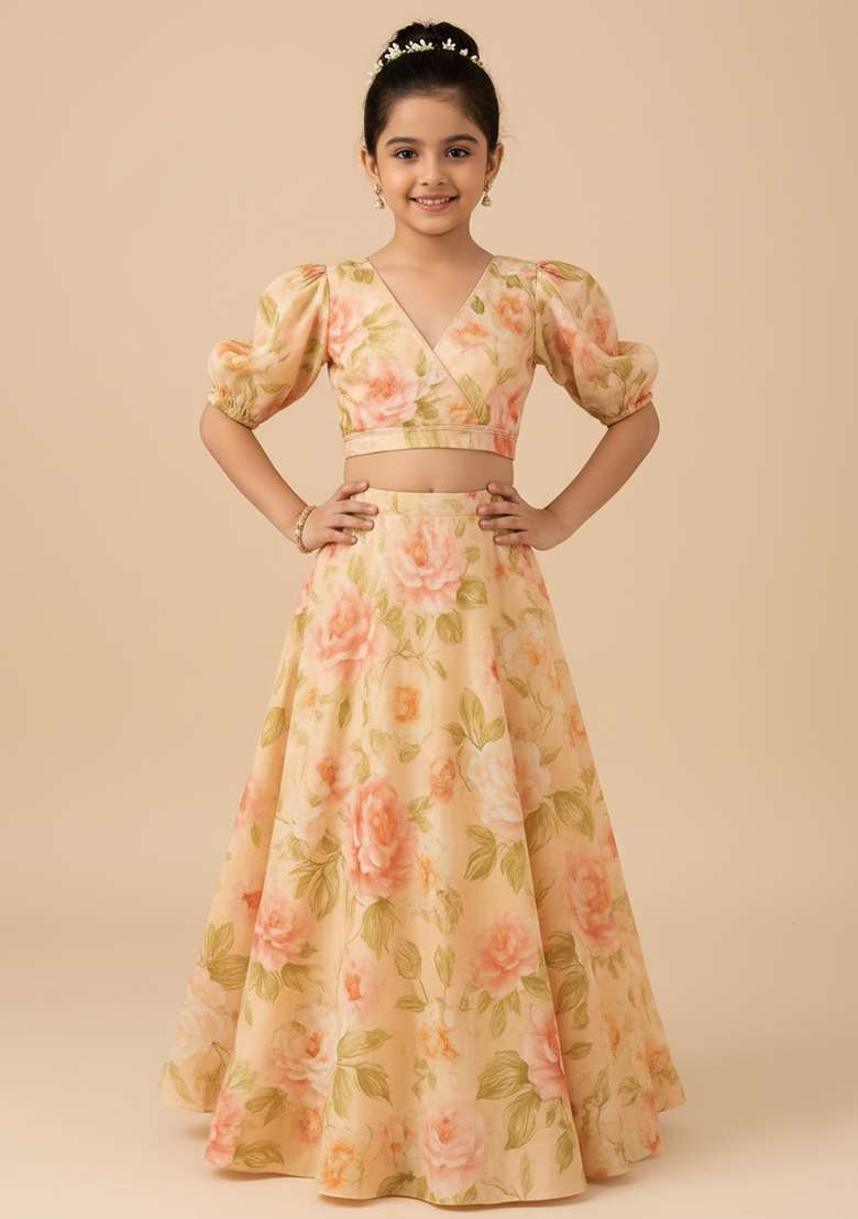 Girls Yellow Floral Print Rayon Lehenga Set - Indya