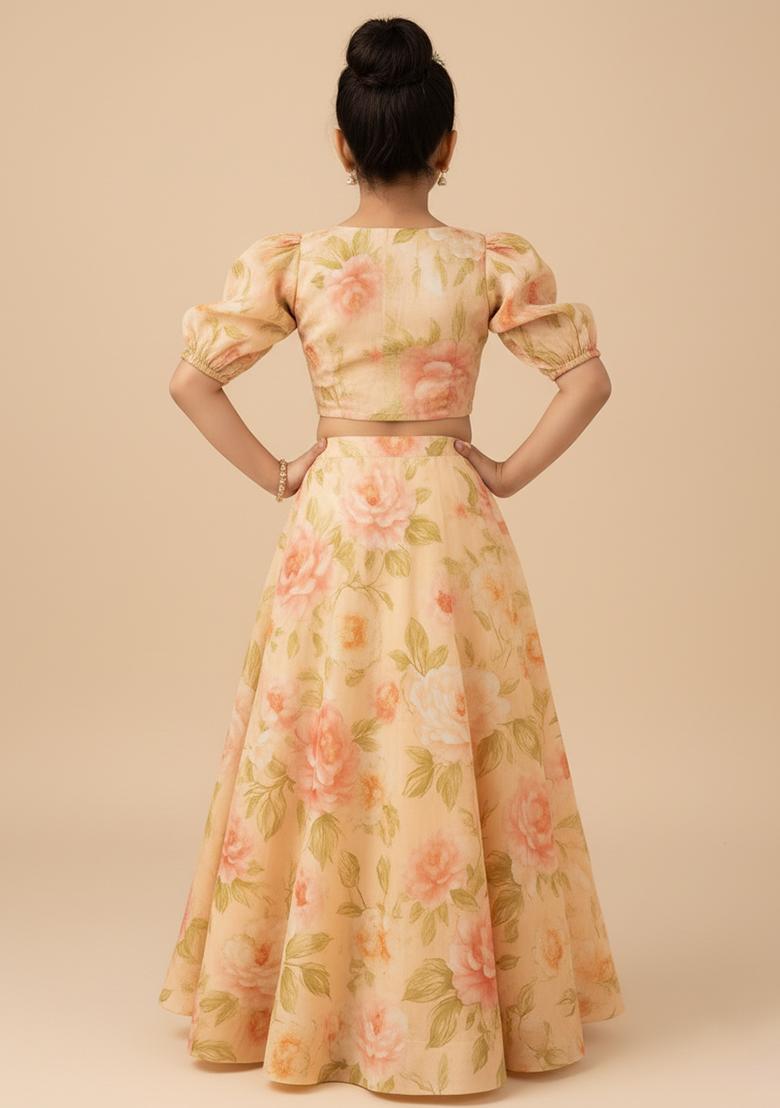 Girls Yellow Floral Print Rayon Lehenga Set - Indya