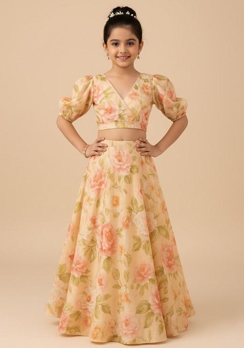 Girls Yellow Floral Print Rayon Lehenga Set