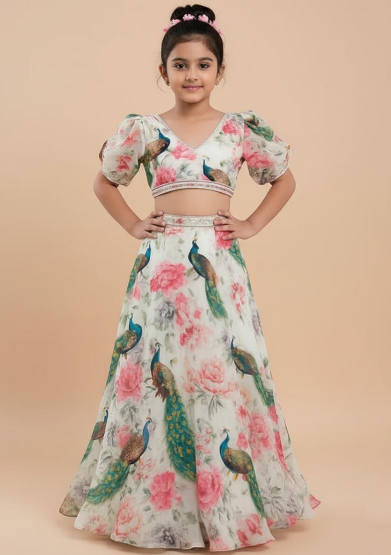 Girls Multicolor Peacock Print Chinon Lehenga Set