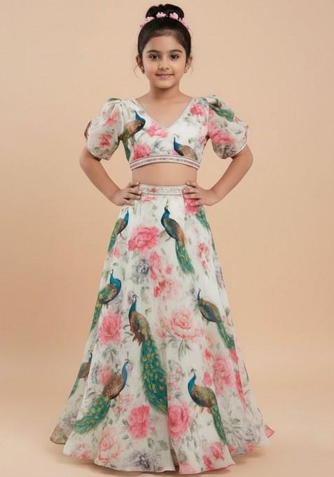 Girls Multicolor Peacock Print Chinon Lehenga Set