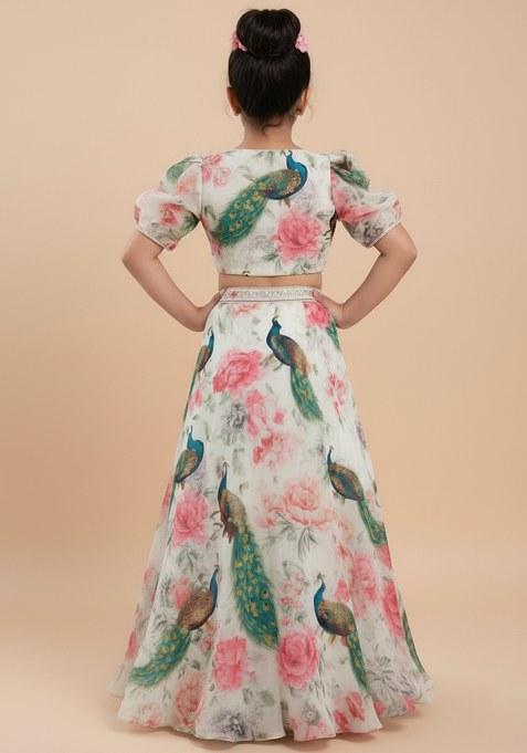 Girls Multicolor Peacock Print Chinon Lehenga Set