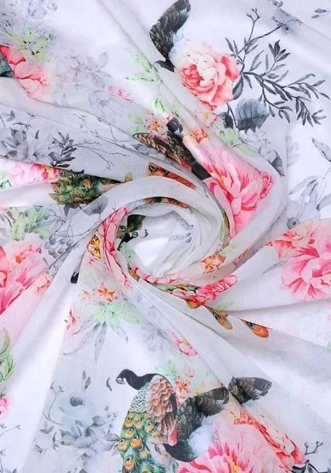 Girls Multicolor Peacock Print Chinon Lehenga Set